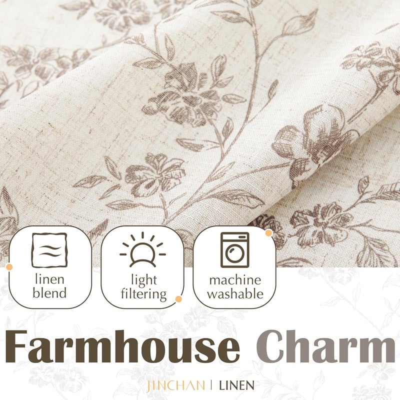 jinchan Floral Kitchen Curtains 36 Inch Linen Tier Curtains Farmhouse Cafe Half Window Drapes Over Sink Light Filtering for Living Room Laundry RV Rod Pocket 2 Panels Taupe on Beige - Image 5